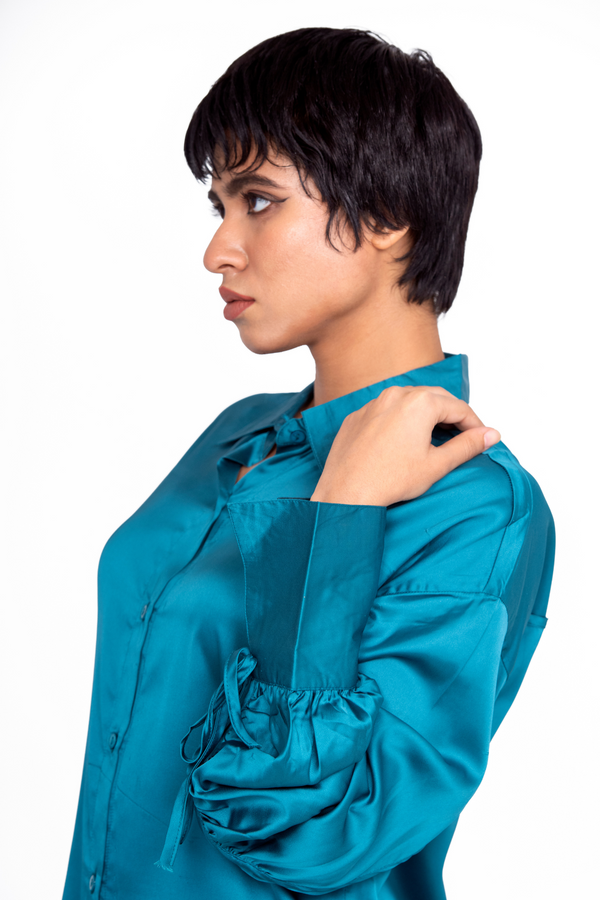 Satin Ruched Cuff Shirt – Teal Blue