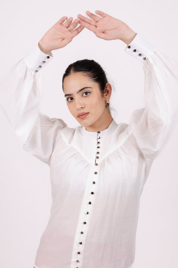 White Linen Bishop Sleeve Blouse With Broad Cuff