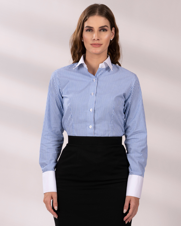 Executive Blue & White Fine Stripe Fitted Shirt With White Collar and Cuffs